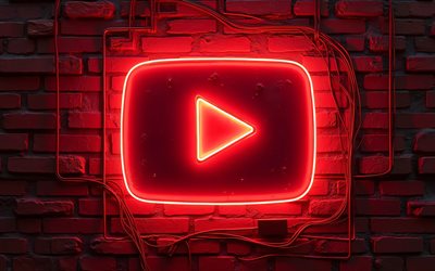 leuchtendes youtube logo, 4k, rote backsteinmauer, dunkelheit, drähte, kreativ, marken, youtube neon logo, soziale netzwerke, youtube logo, rotes neon logo von youtube, youtube