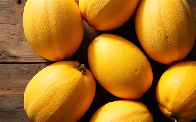melões, 4k, frutas maduras, fundo de madeira escuro, melão, melões premium, melões maduros, frutas