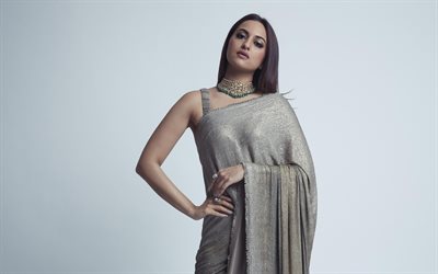 Sonakshi Sinha, 4k, gray dress, indian actress, Bollywood, beauty, pictures with Sonakshi Sinha, brunette woman, popular actress, indian celebrity, Sonakshi Sinha photoshoot