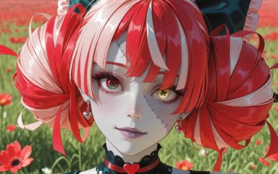 4k, kureiji ollie, campo de flores, youtuber virtual, verano, puntadas, zombi, vtuber, obra de arte, hololive, heterocromía, manga, canal kureiji ollie