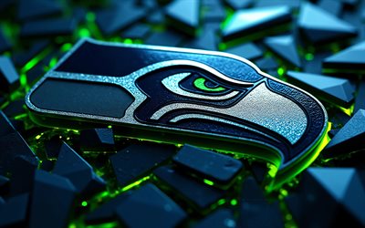 logotipo metálico de los seattle seahawks, 4k, fondo azul 3d, nfl, fútbol americano, luces de neón verdes, logotipo de los seahawks de seattle, logotipo 3d de los seattle seahawks, equipo de fútbol americano, halcones marinos de seattle