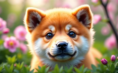 cachorro akita inu, 4k, primavera, bokeh, perros, animales lindos, cachorros, mascotas, akita inu, flores de primavera, cachorro en el césped, perro akita inu