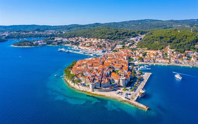 कोरकुला, जादरान, हवाई दृश्य, एड्रियाटिक सागर, क्रोएशियाई द्वीप, ग्रीष्मकालीन यात्रा, एड्रियाटिक, क्रोएशिया की यात्रा करें, क्रोएशिया में गर्मी, सीस्केप, क्रोएशिया
