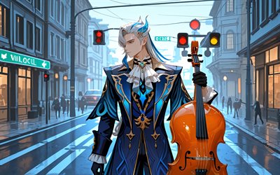 4k, neuvillette, calle, semáforo, violoncelo, impacto de genshin, violinista, personajes de anime, obra de arte, personajes de impacto de genshin, impacto de neuvillette genshin