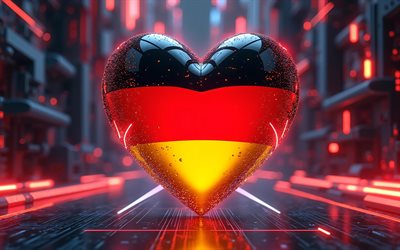 4k, I Love Germany, digital art, red neon glow, creative, Day of Germany, flag of Germany, heart with german flag, 3D hearts, german flag, Germany, Love for Germany