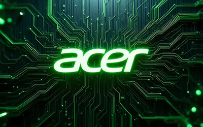 leuchtendes acer logo, 4k, dunkelheit, grüner high tech hintergrund, mikroschaltungen, dirigenten, elektronikmarken, bokeh, acer logo auf mikroschaltung, marken, acer neon logo, kunstwerk, acer logo, acer