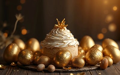 süslü paskalya yumurtaları, 4k, paskalya pastası, bokeh, mutlu paskalyalar, altın süsler, kapatmak, paskalya yumurtaları, paskalya süsleri, paskalya arka planları, paskalya