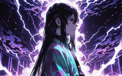 4k, tokito muichiro, fondo abstracto violeta, humo violeta, kimetsu no yaiba, kimono, manga, protagonista, cuerpo de cazadores de demonios, asesino de demonios, muichiro tokito kimetsu no yaiba