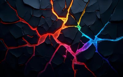 luces de neón de colores, fragmentos 3d negros, 4k, creativo, patrón geométrico fragmentado, obra de arte, fondo oscuro 3d, fondo abstracto oscuro, formas, fondos 3d, rayos de neón de colores