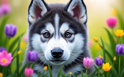 cachorro malamute de alaska, 4k, primavera, bokeh, perros, animales lindos, cachorros, mascotas, malamute de alaska, flores de primavera, cachorro en el césped, perro malamute de alaska