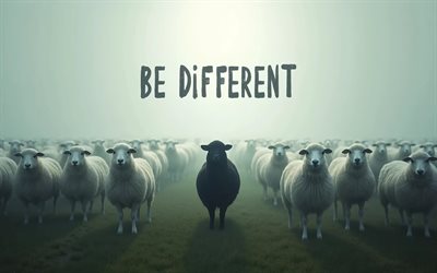 Be different, 4k, pasture, lambs, black lamb among white ones, Be different concepts, fog, Be different inscription, artwork, Be different art