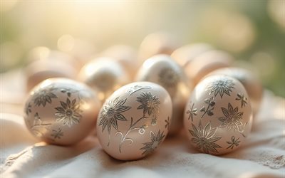 gümüş süslemeli paskalya yumurtaları, 4k, mutlu paskalyalar, paskalya yumurtaları, paskalya süsleri, paskalya yumurtaları yakın çekim, paskalya kavramları, paskalya