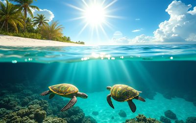 tortugas bajo el agua, isla tropical, bajo el agua y sobre el agua, tortugas, palmeras, viajes de verano, verano, arrecifes de coral