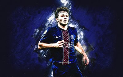 joao neves, psg, calciatore portoghese, paris saint germain, sfondo di pietra blu, arte del grunge, lega 1, francia, calcio, joao neves del paris saint germain
