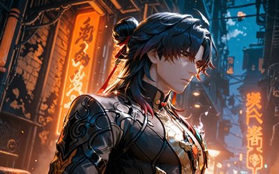 cuchilla, 4k, jeroglíficos japoneses, calle, carril estelar honkai, noche, personajes de anime, manga, personajes de honkai star rail, cazadores estelares, espada honkai star rail