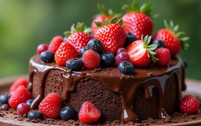 Chocolate cake with berries, baked goods, chocolate cake, berries, cake with strawberries, cake with berries, chocolate dessert, sweets, strawberries, blueberries