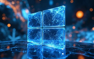 windows 10 glaslogo, 4k, digitale kunst, blauer high tech hintergrund, dunkelheit, os marken, kunstwerk, windows 10 logo, markenlogo, bokeh, windows 10, os logo, blaues windows 10 logo