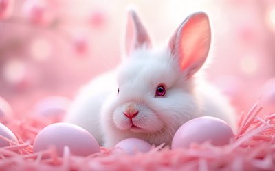 White Easter Bunny, pink Easter eggs, pink straw, Happy Easter, Easter Bunny, Easter decorations, Easter concepts, Easter eggs, Easter
