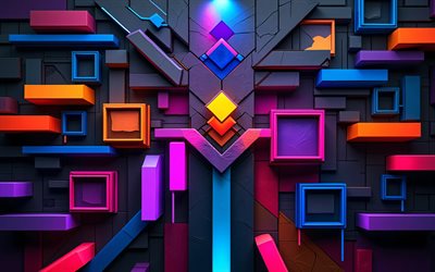 4k, figuras coloridas, obra de arte, diseño de materiales, formas geométricas, arte de madera, creativo, patrón geométrico fragmentado, fondo colorido 3d, fondo abstracto colorido, formas, fondos 3d
