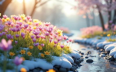 زهور الربيع الوردية, 4k, تيار في الغابة, ذوبان الثلوج, زهور الربيع, شمس مشرقة, صحوة الطبيعة, خوخه, صور مع الزعفران, غابة, ربيع, الزعفران, زهور جميلة