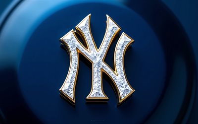 4k, new york yankees kristalllogga, kreativ, blå metall bakgrund, mlb, new york yankees logotyp, new york yankees kristallemblem, new york yankees 3d logotyp, new york yankees, ny yankees