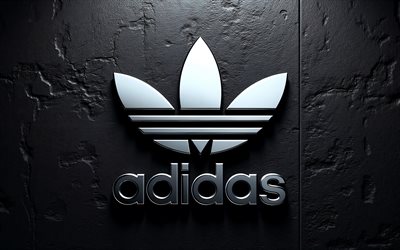 logotipo metálico de adidas, 4k, fondo de pared negro, logotipo 3d de adidas, signo adidas, logotipo de acero de adidas, símbolo adidas, emblema adidas, logotipo de adidas, adidas