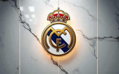 real madridin tunnus, 4k, valkoinen marmorinen seinä, real madrid cf, real madridin logo, real madrid  merkki, la liga, espanja, jalkapallo, real madrid
