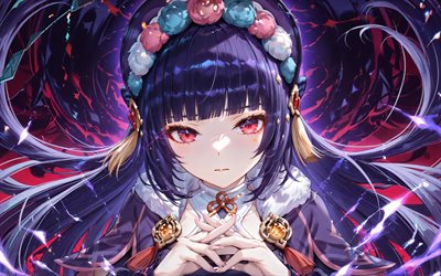 yun jin, 4k, fondo violeta grunge, impacto de genshin, ojos rojos, manga, personajes de anime, personajes de impacto de genshin, impacto de yun jin genshin