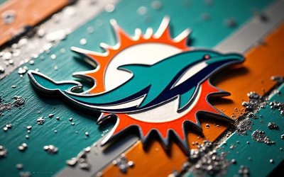 Miami Dolphins metal logo, 4k, turquoise metal background, metal art, Miami Dolphins emblem, USA, Miami Dolphins, American football, Miami Dolphins logo, NFL
