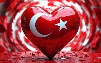 4k, ich liebe die türkei, nahaufnahme, rote 3d hintergründe, bokeh, tag der türkei, flagge der türkei, 3d kunst, herz mit türkischer flagge, kreativ, 3d herzen, türkische flagge, truthahn, liebe zur türkei