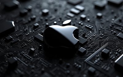 logotipo de metal preto da apple, 4k, fundo de tecnologia preta, logotipo da maçã, emblema da maçã, logotipo 3d da apple, sinal de metal preto da apple, maçã, logotipo preto da apple