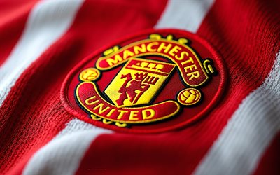 Manchester United FC fabric logo, 4k, red and white fabric background, NBA, Manchester United FC logo, Manchester United FC emblem, football, Manchester United FC, Manchester United, Man United