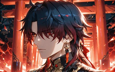 cuchilla, 4k, puerta torii, noche, carril estelar honkai, de cerca, personajes de anime, manga, personajes de honkai star rail, torii, cazadores estelares, espada honkai star rail