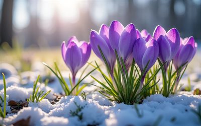 4k, violet crocuses, bokeh, bright sun, spring flowers, awakening of nature, melting snow, pictures with crocuses, spring, crocuses, beautiful flowers