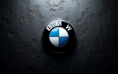 4k, logotipo metálico de bmw, logotipo de bmw en piedra, fondo de pared negro, logotipo 3d de bmw, textura de piedra negra, signo de bmw, símbolo de bmw, emblema de bmw, logotipo de bmw, bmw