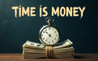 Time is money, 4K, watches on money, stack of American dollars, watches, Time is money concepts, Time is money art, business concepts