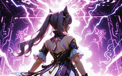 4k, Keqing, back view, purple lightings, Genshin Impact, purple abstract background, creative, anime characters, Genshin Impact characters, Keqing Genshin Impact