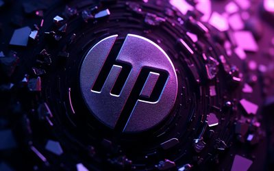 Hewlett-Packard metal logo, 4k, artwork, purple 3D background, HP logo, creative, HP 3D logo, electronics brands, Hewlett-Packard 3D logo, Hewlett-Packard, darkness, brands logo, Hewlett-Packard logo