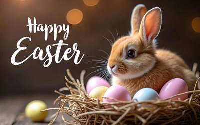 4k, Easter bunny, craetive, basket with eggs, bokeh, Happy Easter, flowers, Easter eggs, Easter decorations, rabbit, Easter backgrounds, bunnies, Easter bunnies, Happy Easter inscription, Easter