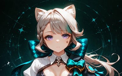 Lynette, 4k, turquoise neon rings, darkness, Genshin Impact, turquoise abstract background, anime characters, Lynn, Netti, Lina, Genshin Impact characters, Lynette Genshin Impact