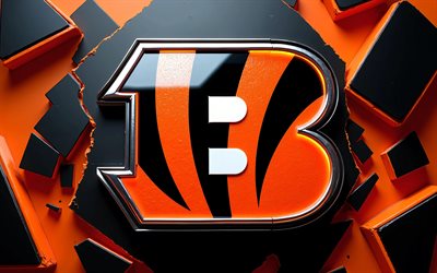 Cincinnati Bengals metal logo, 4k, black orange 3D background, NFL, american football, orange neon lights, Cincinnati Bengals logo, Cincinnati Bengals 3D logo, american football team, Cincinnati Bengals