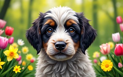 cachorro de perro pastor bergamasco, 4k, primavera, bokeh, perros, animales lindos, cachorros, mascotas, perro pastor bergamasco, flores de primavera, cachorro en el césped