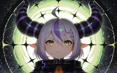 4k, laplus, grön grunge bakgrund, gröna neonringar, virtuell youtuber, porträtt, hololive, vtuber, gröna ögon, la darknesses, manga, laplus kanal, laplus virtual youtuber