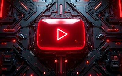 4k, logotipo de neón rojo de youtube, creativo, oscuridad, fondo negro 3d, bokeh, redes sociales, logotipo brillante de youtube, marcas, logotipo 3d de youtube, obra de arte, logotipo de youtube, youtube