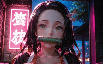 4k, Nezuko Kamado, 3D art, street, Demon Slayer, night, protagonist, Demon Slayer Kimetsu no Yaiba, green bamboo gag, manga, Kamado Nezuko, Demon Hunter, Nezuko Kamado Kimetsu no Yaiba