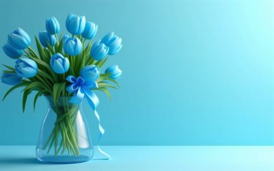 4k, الزنبق الأزرق, فن الأزهار, تقليلية, مزهرية زجاجية, خلفية زرقاء, زهور الربيع, باقة من زهور التوليب, زهور جميلة, القوس الأزرق, ربيع, الخلفية مع زهور التوليب, زهور زرقاء, زهور التوليب