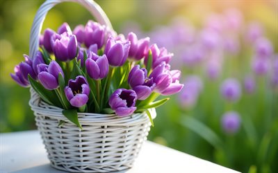panier blanc avec tulipes violettes, 4k, fleurs de printemps, tulipes violettes, panier en osier blanc, bouquet de tulipes violettes, printemps, tulipes