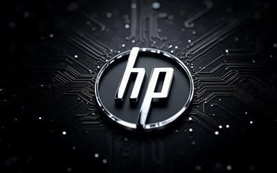 HP chrome logo, 4k, black techno background, Hewlett-Packard, black background, HP chrome emblem, HP logo, Hewlett-Packard logo, HP sign, HP