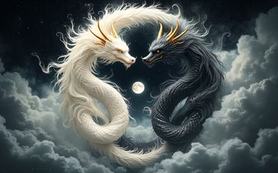 schwarze und weiße drachen, fabelwesen, drachen, yin und yang, schwarz und weiß, philosophie, yin  und yang zeichen, yin  und yang symbol, yin  und yang konzepte