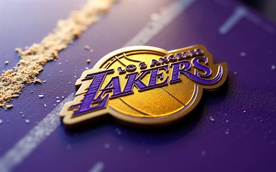 los angeles lakers logotyp i metall, 4k, los angeles lakers emblem, lila gul metall bakgrund, nba, los angeles lakers logotyp, usa, los angeles lakers, basketboll
